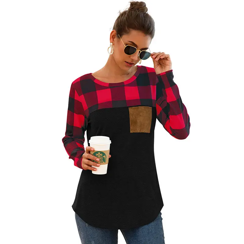 2021 Women's Plaid Crewneck T-Shirt Red Grey - Image 7
