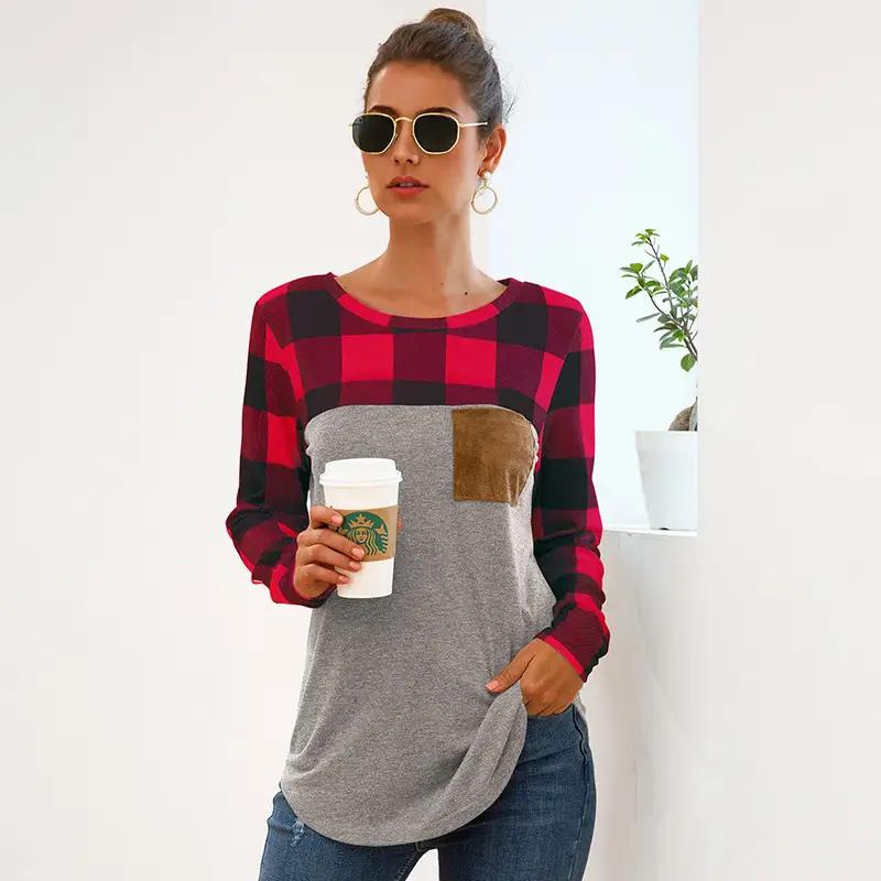 2021 Women's Plaid Crewneck T-Shirt Red Grey - Image 8