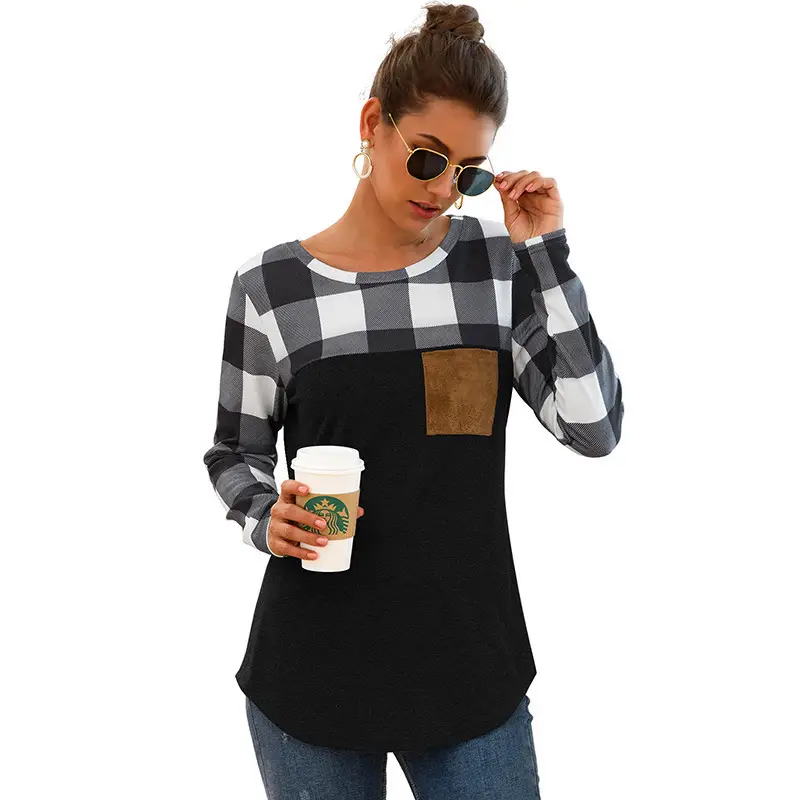 2021 Women's Plaid Crewneck T-Shirt Red Grey - Image 9