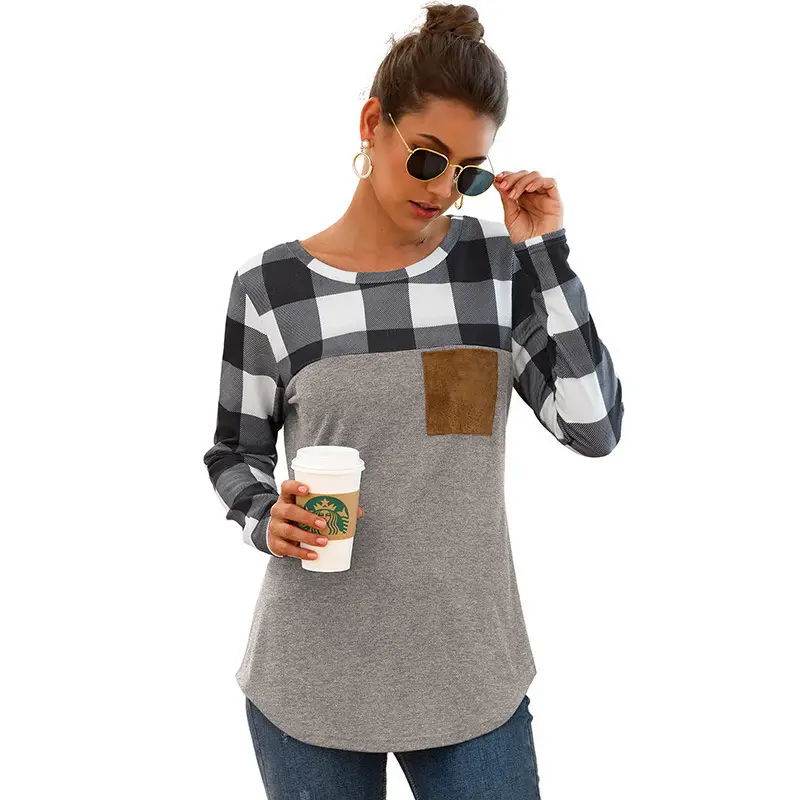 2021 Women's Plaid Crewneck T-Shirt Red Grey - Image 10