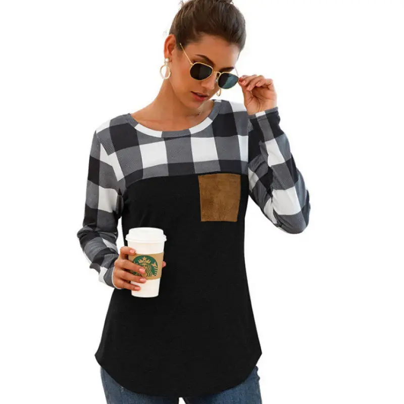 2021 Women's Plaid Crewneck T-Shirt Red Grey - Image 2