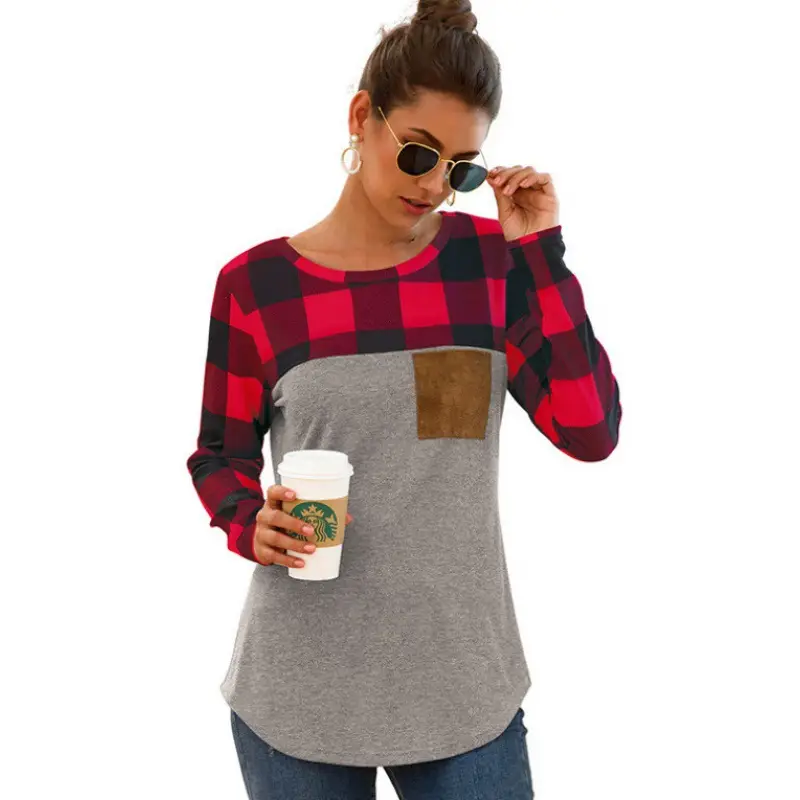 2021 Women's Plaid Crewneck T-Shirt Red Grey - Image 3