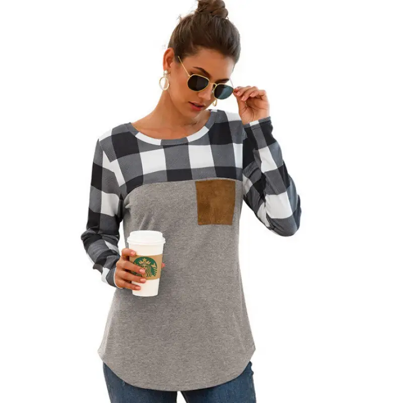 2021 Women's Plaid Crewneck T-Shirt Red Grey - Image 4