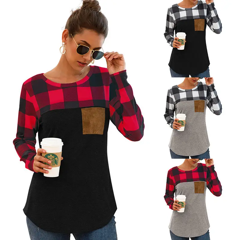 2021 Women's Plaid Crewneck T-Shirt Red Grey - Image 5