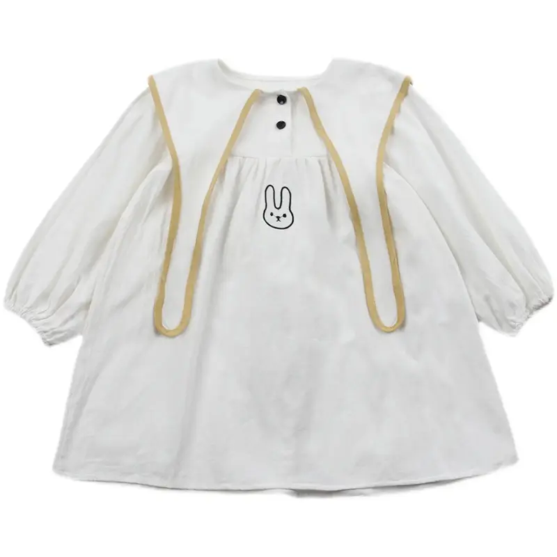 Girls' White Bunny Print Cotton Top with Drawstring - Image 5