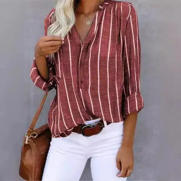 Women Striped Half-Packet Shirt Long Sleeve Casual Top - Image 8