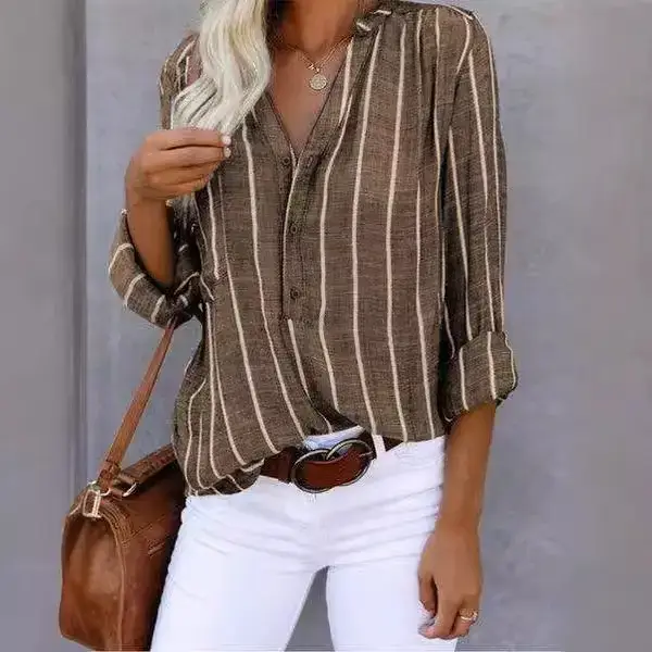 Women Striped Half-Packet Shirt Long Sleeve Casual Top - Image 9