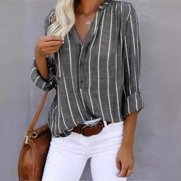 Women Striped Half-Packet Shirt Long Sleeve Casual Top - Image 10