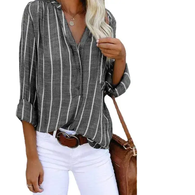 Women Striped Half-Packet Shirt Long Sleeve Casual Top - Image 11