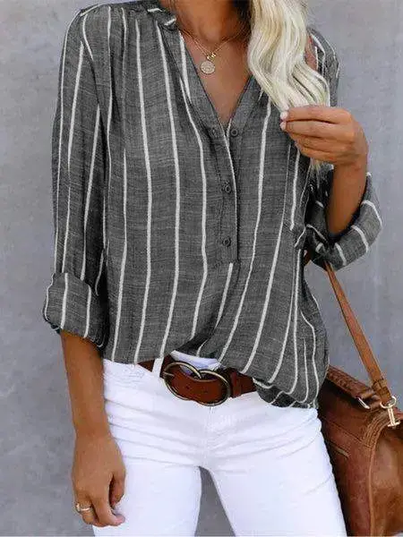 Women Striped Half-Packet Shirt Long Sleeve Casual Top - Image 2