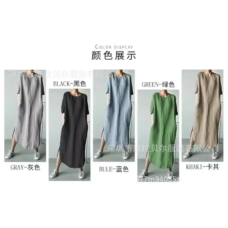 Green Cotton Linen Side Slit Half-Sleeve Mid-Calf Dress - Image 8