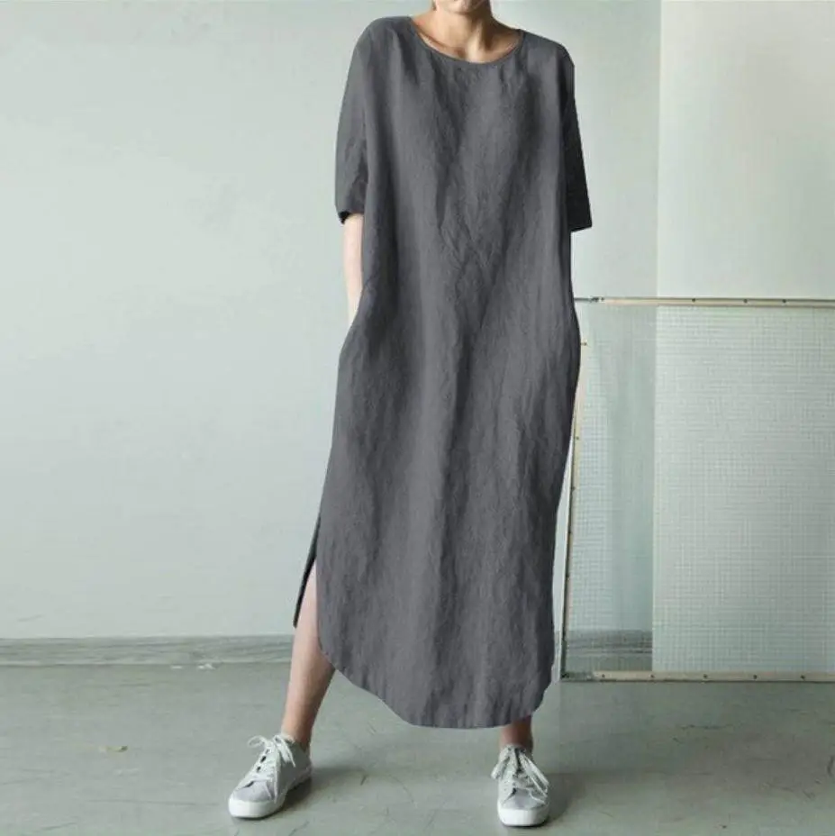 Green Cotton Linen Side Slit Half-Sleeve Mid-Calf Dress - Image 9
