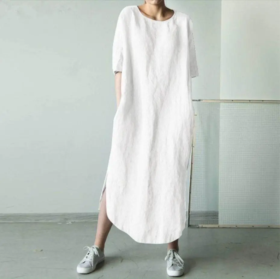 Green Cotton Linen Side Slit Half-Sleeve Mid-Calf Dress - Image 10