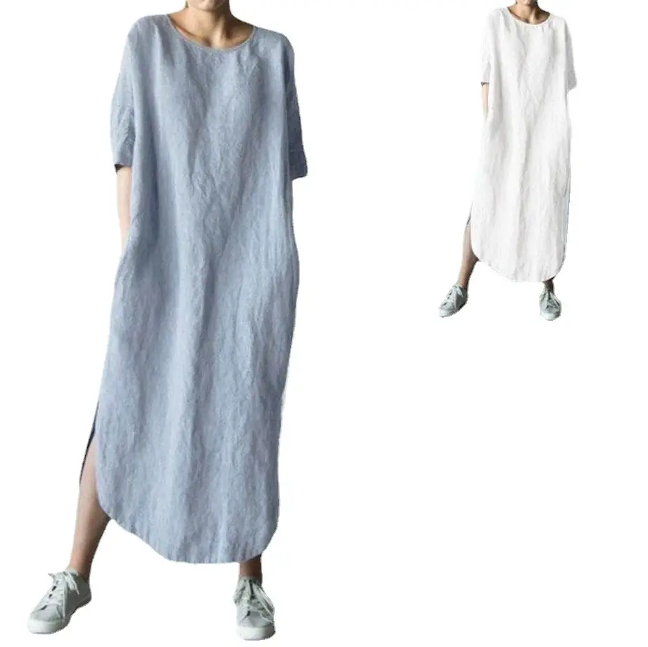 Green Cotton Linen Side Slit Half-Sleeve Mid-Calf Dress - Image 11