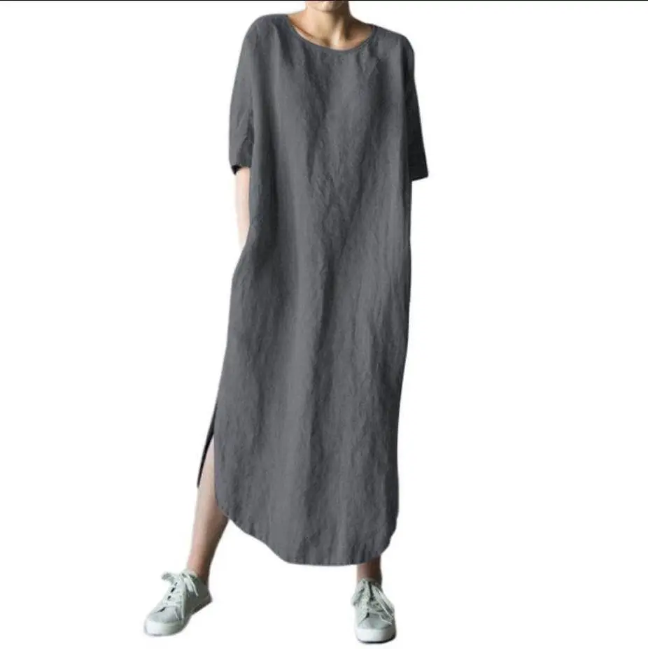 Green Cotton Linen Side Slit Half-Sleeve Mid-Calf Dress - Image 2
