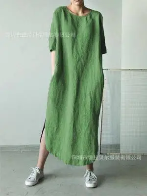 Green Cotton Linen Side Slit Half-Sleeve Mid-Calf Dress - Image 3
