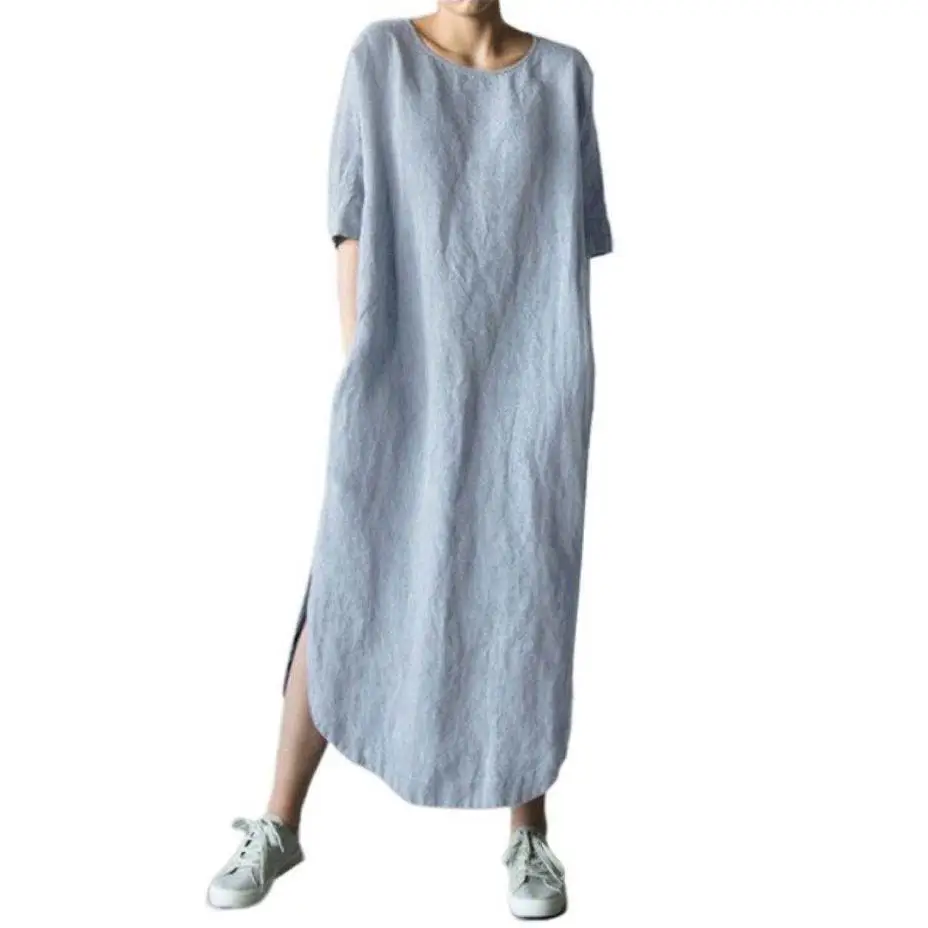 Green Cotton Linen Side Slit Half-Sleeve Mid-Calf Dress - Image 4
