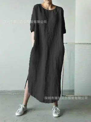 Green Cotton Linen Side Slit Half-Sleeve Mid-Calf Dress - Image 5
