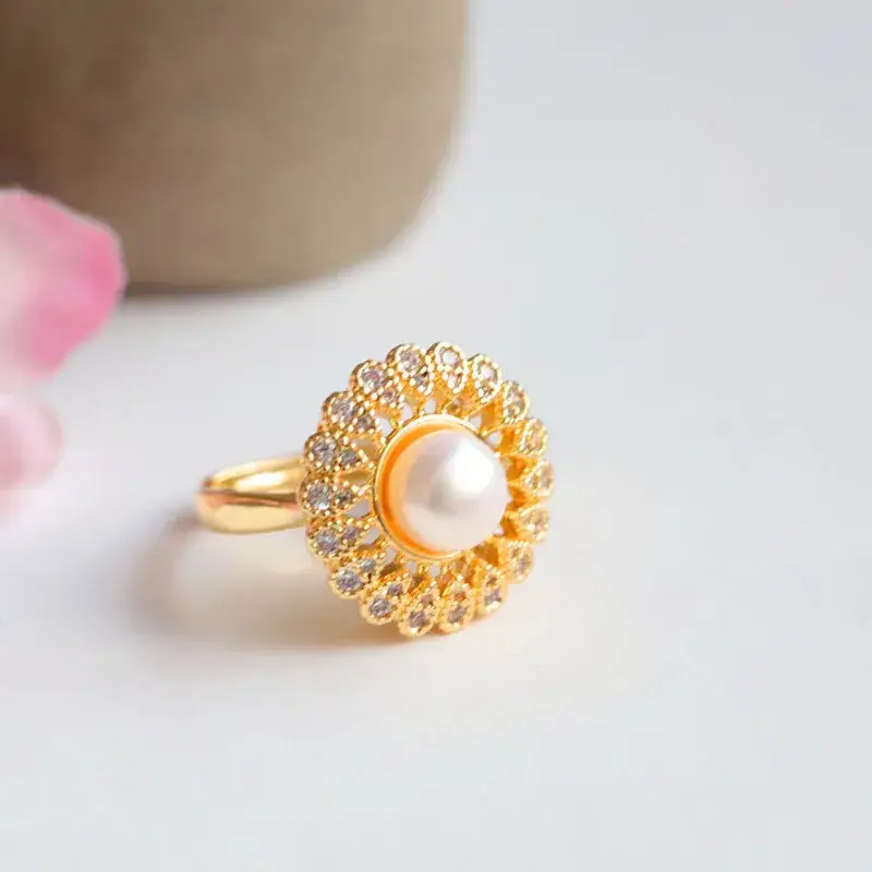 Guan Yu Freshwater Pearl Sunflower Ring with Full Diamond Setting - Image 3