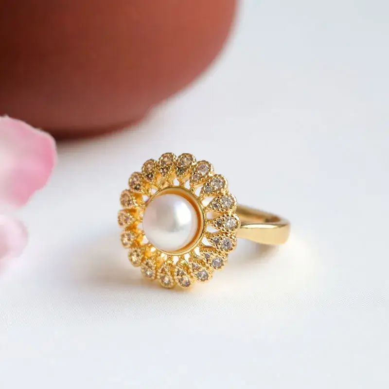 Guan Yu Freshwater Pearl Sunflower Ring with Full Diamond Setting - Image 4