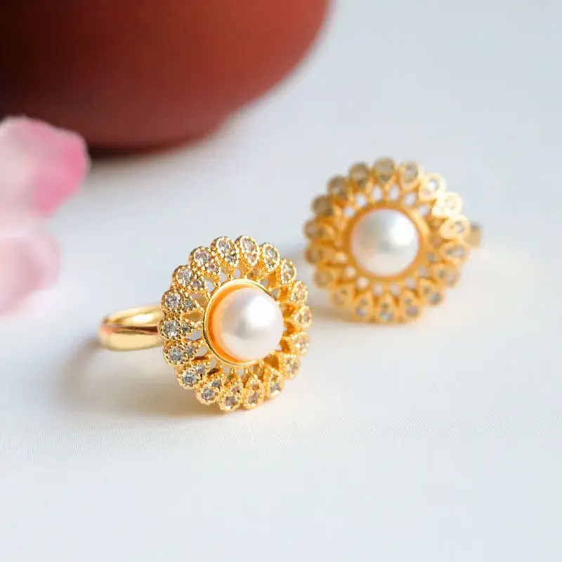 Guan Yu Freshwater Pearl Sunflower Ring with Full Diamond Setting - Image 6