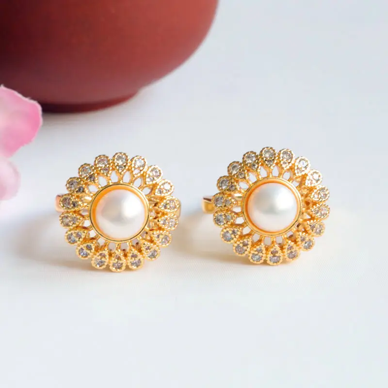 Guan Yu Freshwater Pearl Sunflower Ring with Full Diamond Setting — feature 10