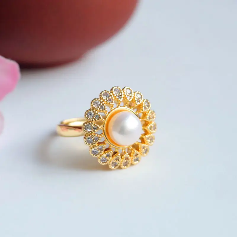 Guan Yu Freshwater Pearl Sunflower Ring with Full Diamond Setting — feature 6