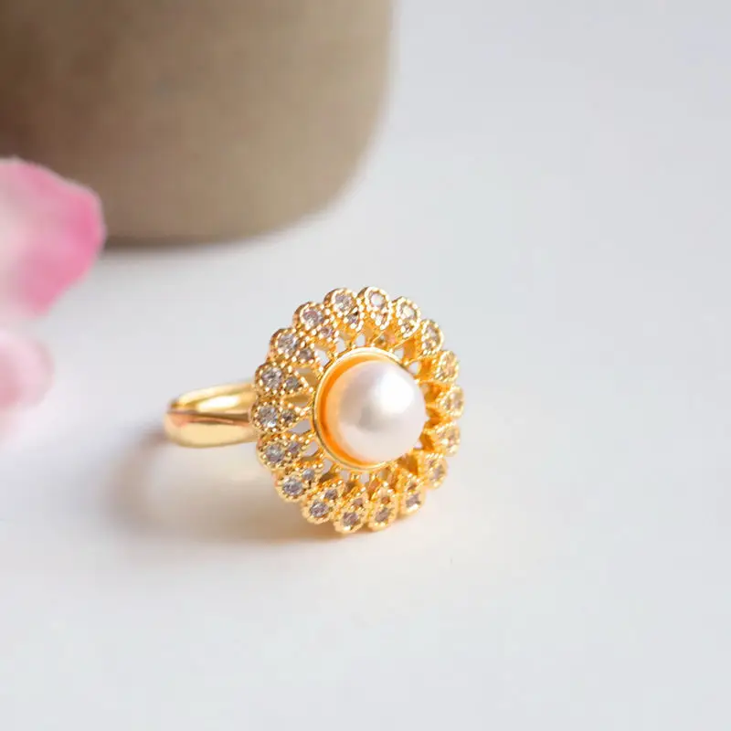 Guan Yu Freshwater Pearl Sunflower Ring with Full Diamond Setting — feature 7