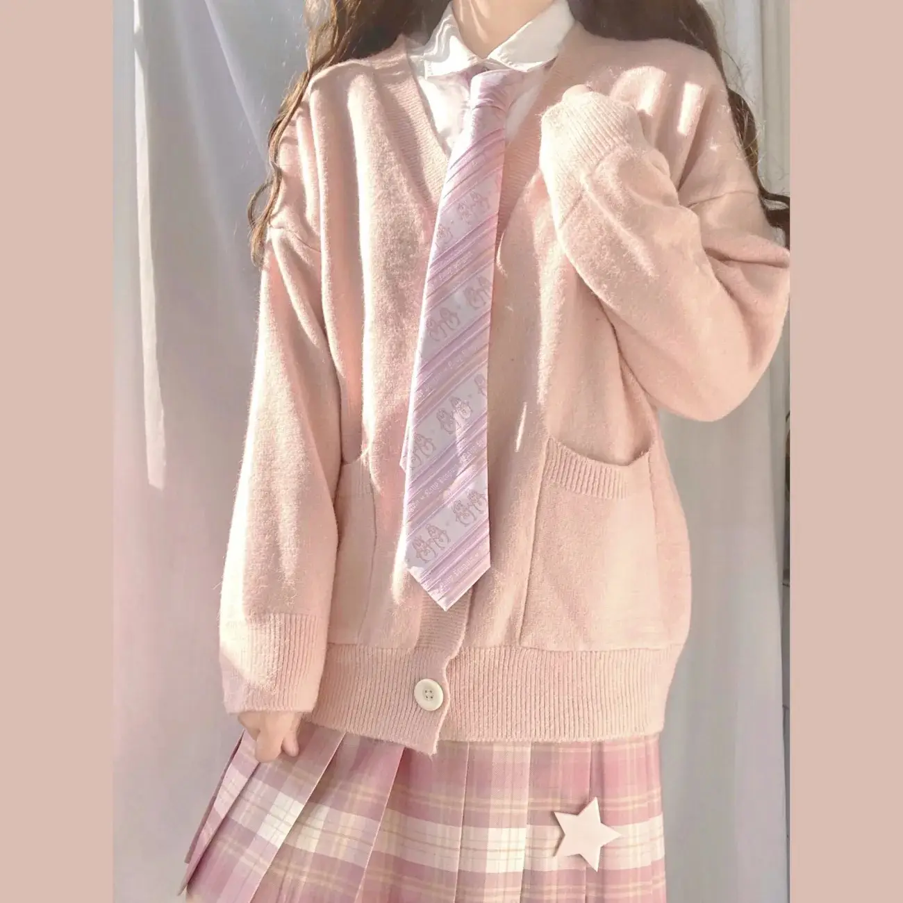 Girls Pink Knit Cardigan Long Sleeve School Outfit - Image 16