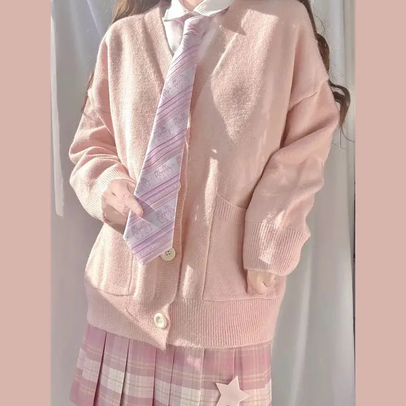 Girls Pink Knit Cardigan Long Sleeve School Outfit - Image 7
