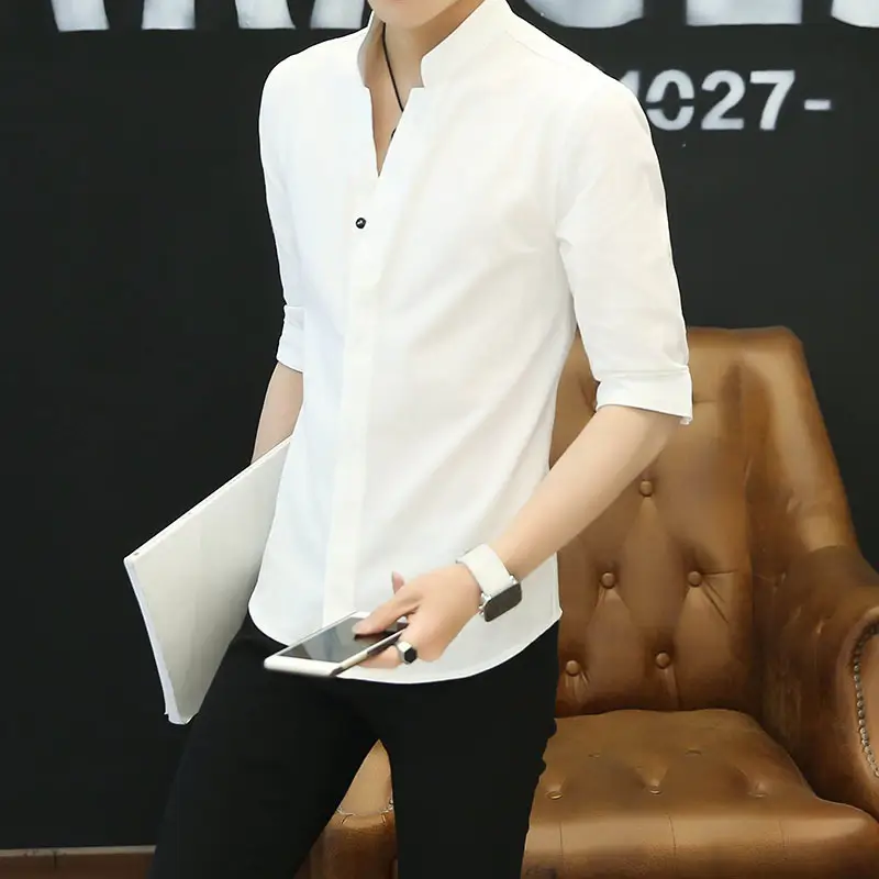 Men Black Slim Fit Vertical Collar Shirt Summer - Image 3