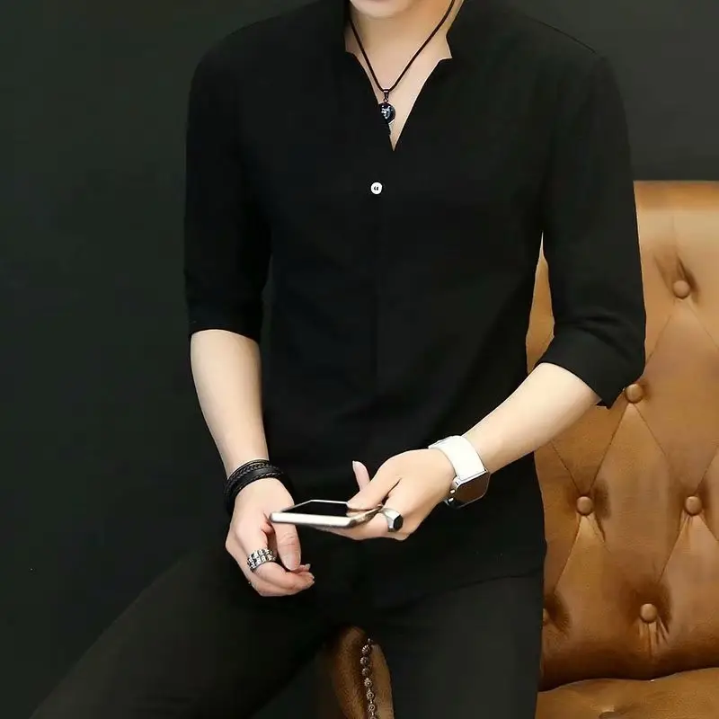 Men Black Slim Fit Vertical Collar Shirt Summer - Image 4