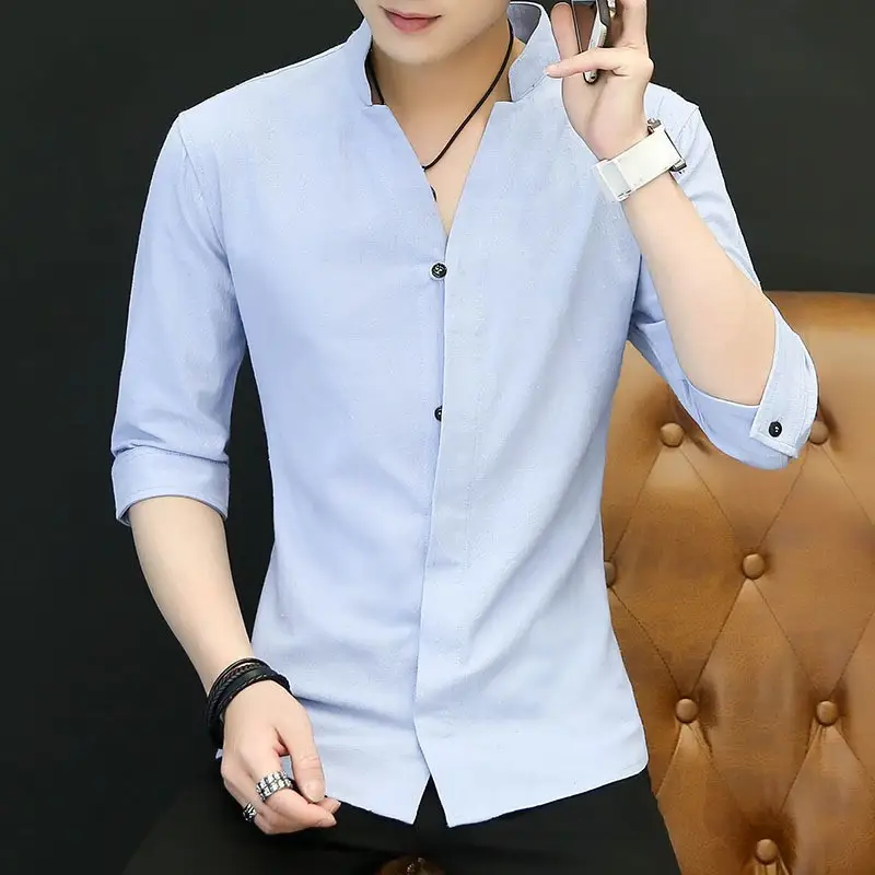 Men Black Slim Fit Vertical Collar Shirt Summer - Image 5
