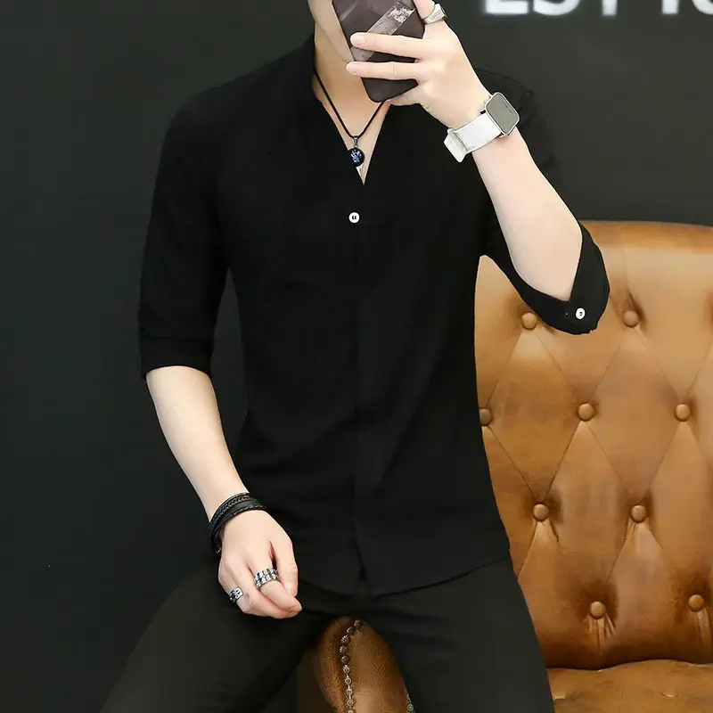 Men Black Slim Fit Vertical Collar Shirt Summer - Image 6