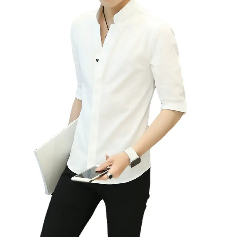 Men Black Slim Fit Vertical Collar Shirt Summer - Image 7