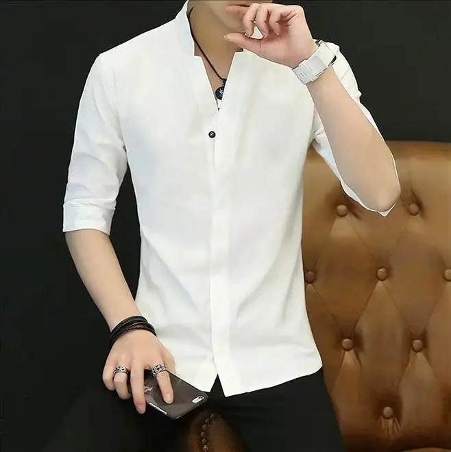 Men Black Slim Fit Vertical Collar Shirt Summer - Image 2