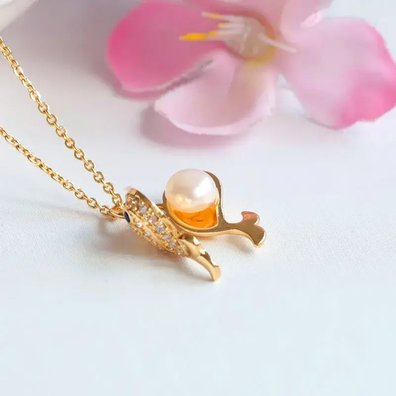 Gold Dolphin Pearl Pendant Necklace for Women - Image 5