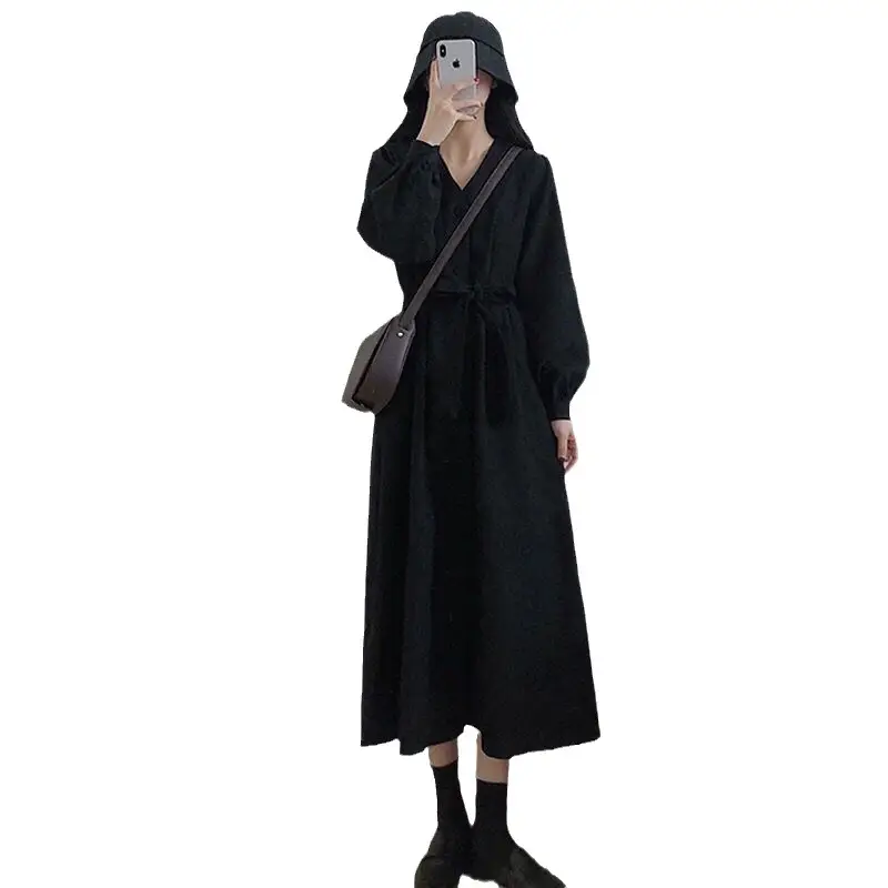 Long Sleeve French Style Black Long Skirt Dress for Women - Image 7