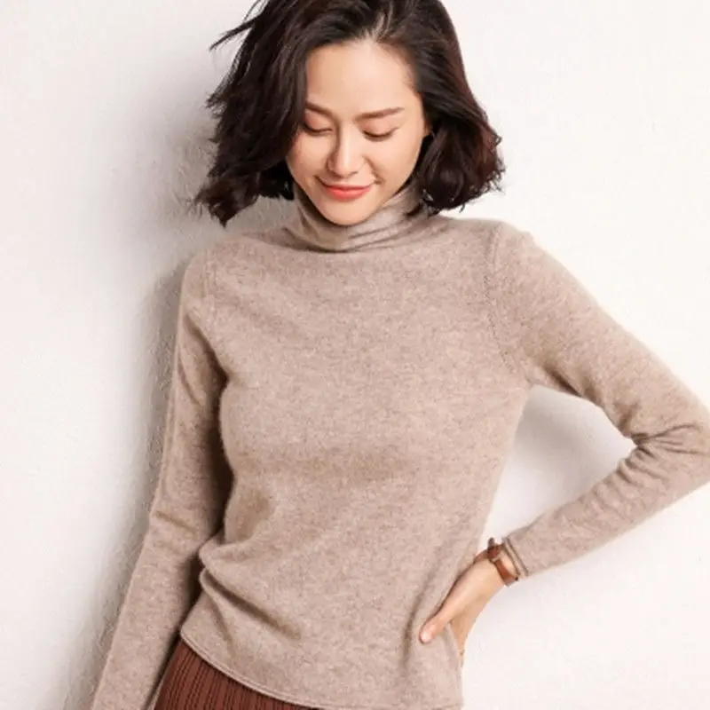 Women's Pile Collar Wool Turtleneck Shirt Beige