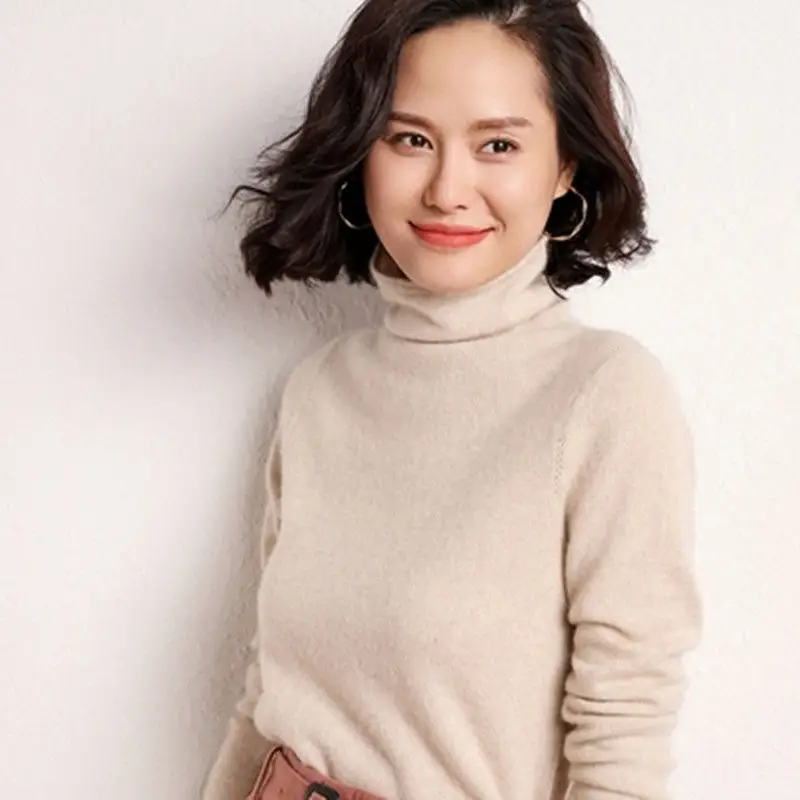 Women's Pile Collar Wool Turtleneck Shirt Beige