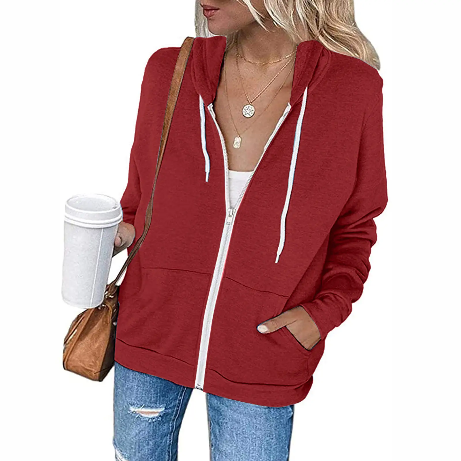 Green Zipper Hoodie Sweatshirt Women Long Sleeve Drawstring — feature 13