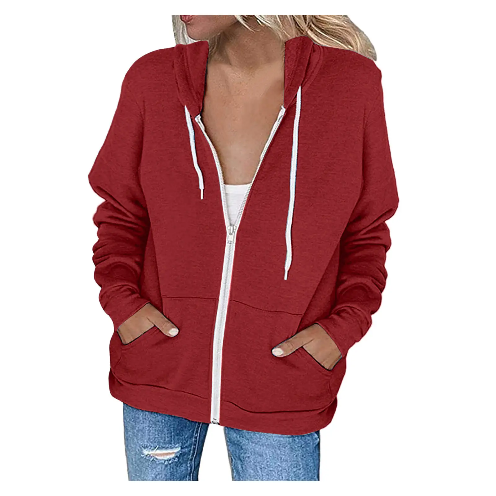 Green Zipper Hoodie Sweatshirt Women Long Sleeve Drawstring — feature 14