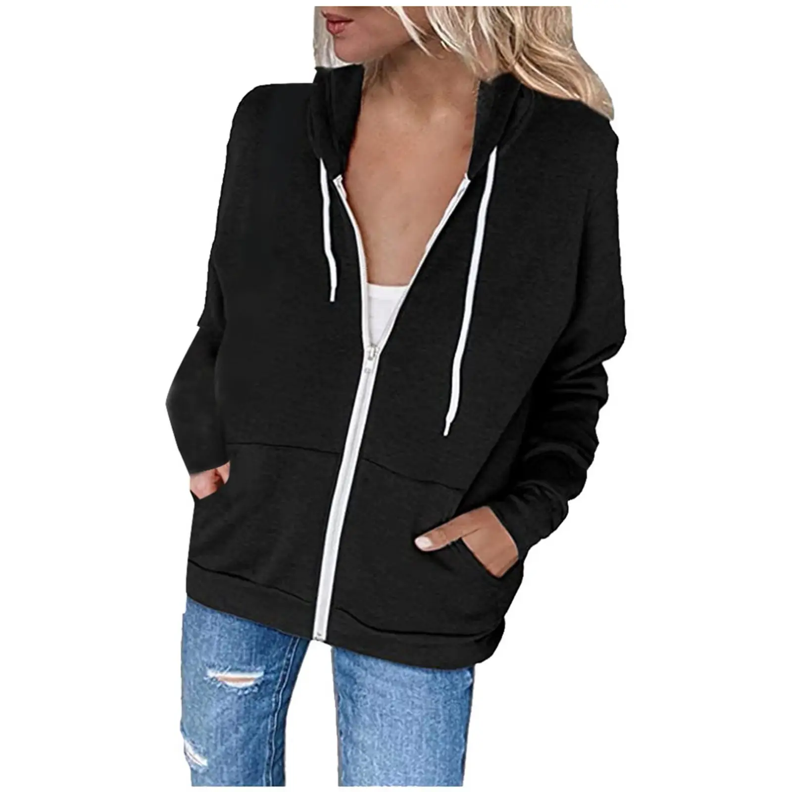 Green Zipper Hoodie Sweatshirt Women Long Sleeve Drawstring — feature 19