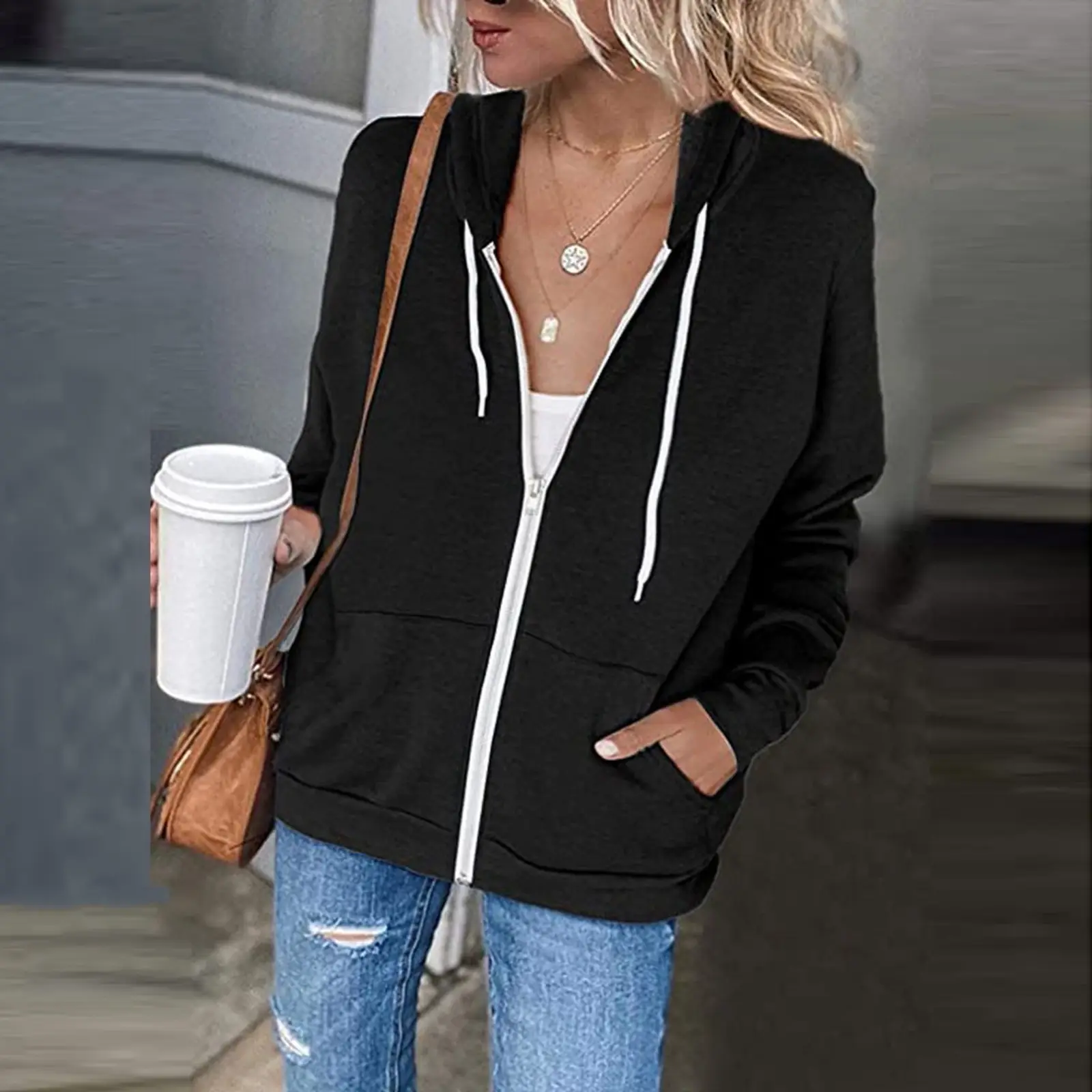Green Zipper Hoodie Sweatshirt Women Long Sleeve Drawstring — feature 20