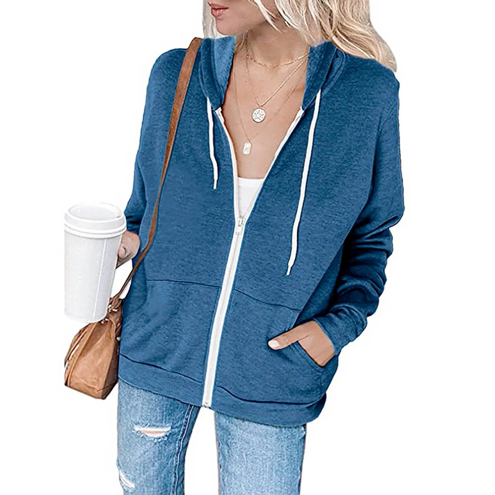 Green Zipper Hoodie Sweatshirt Women Long Sleeve Drawstring — feature 24