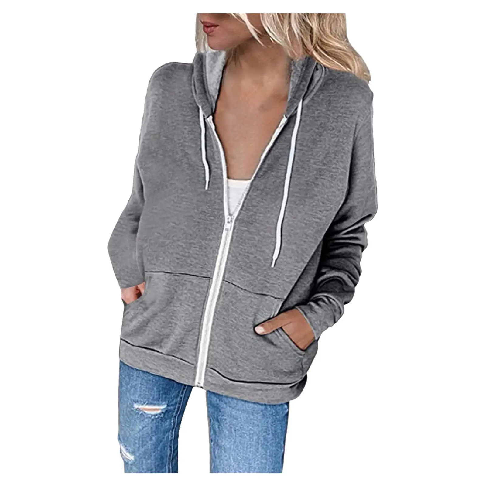 Green Zipper Hoodie Sweatshirt Women Long Sleeve Drawstring — feature 31
