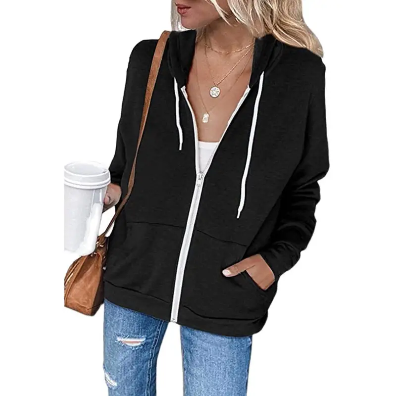 Green Zipper Hoodie Sweatshirt Women Long Sleeve Drawstring - Image 3