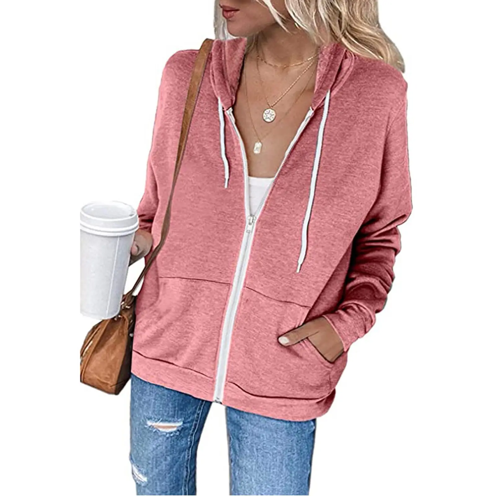 Green Zipper Hoodie Sweatshirt Women Long Sleeve Drawstring - Image 6