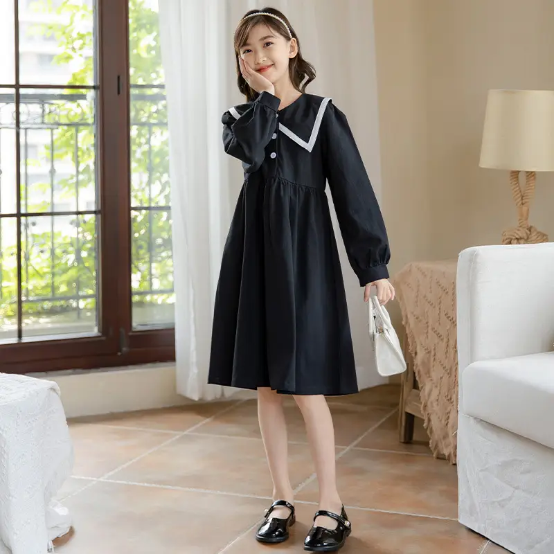 Black Korean Style Long Sleeve Dress for Girls - Image 3