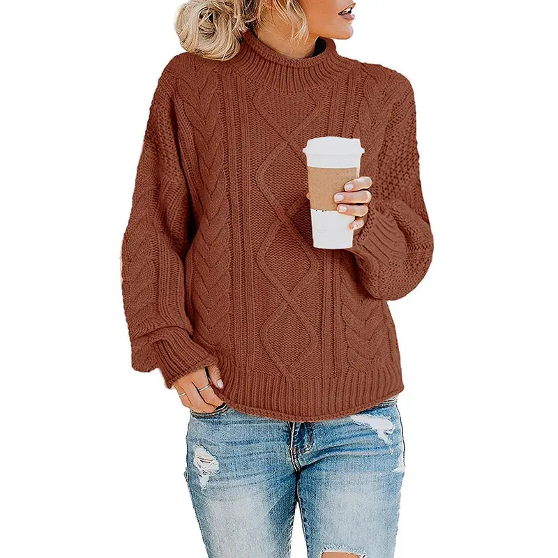 Women's 2024 Thick Line Turtleneck Sweater Brown